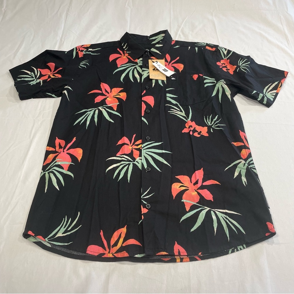 Quiksilver Boys XL 16 Tropical Floral Button Down Shirt Black Short Sleeve New